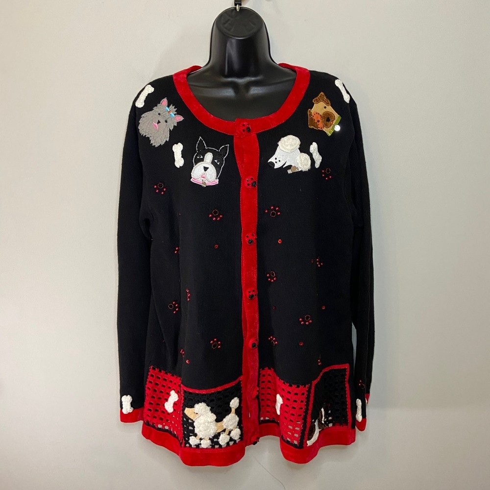 Dog Puppy Novelty Print Red Black Crochet Knit Cardigan Sweater Sz Large Vintage